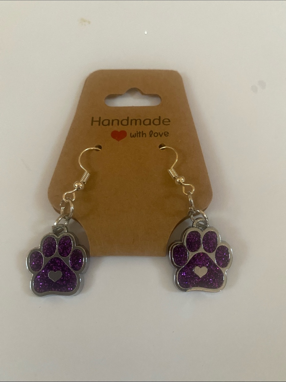 Handcrafted Purple Paw Print Dangle Earrings